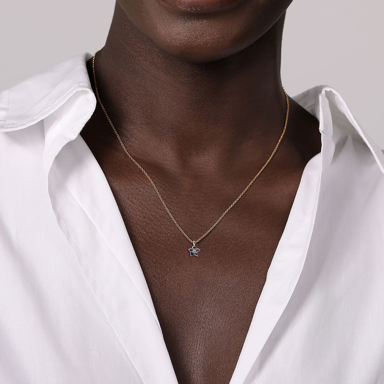 Gabriel & Co. Sapphire & Diamond Floral Themed Pendant Necklace on Woman