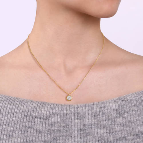 Gabriel & Co. Round Pave Diamond Cluster Pendant Necklace with Bezel Frame on Model 
