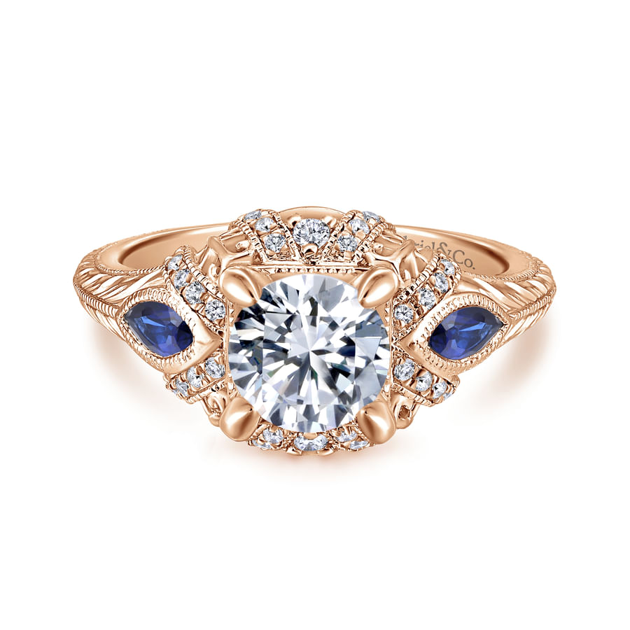 Gabriel & Co. Rose Gold "Lexington" Diamond & Blue Sapphire Halo Engagement Ring