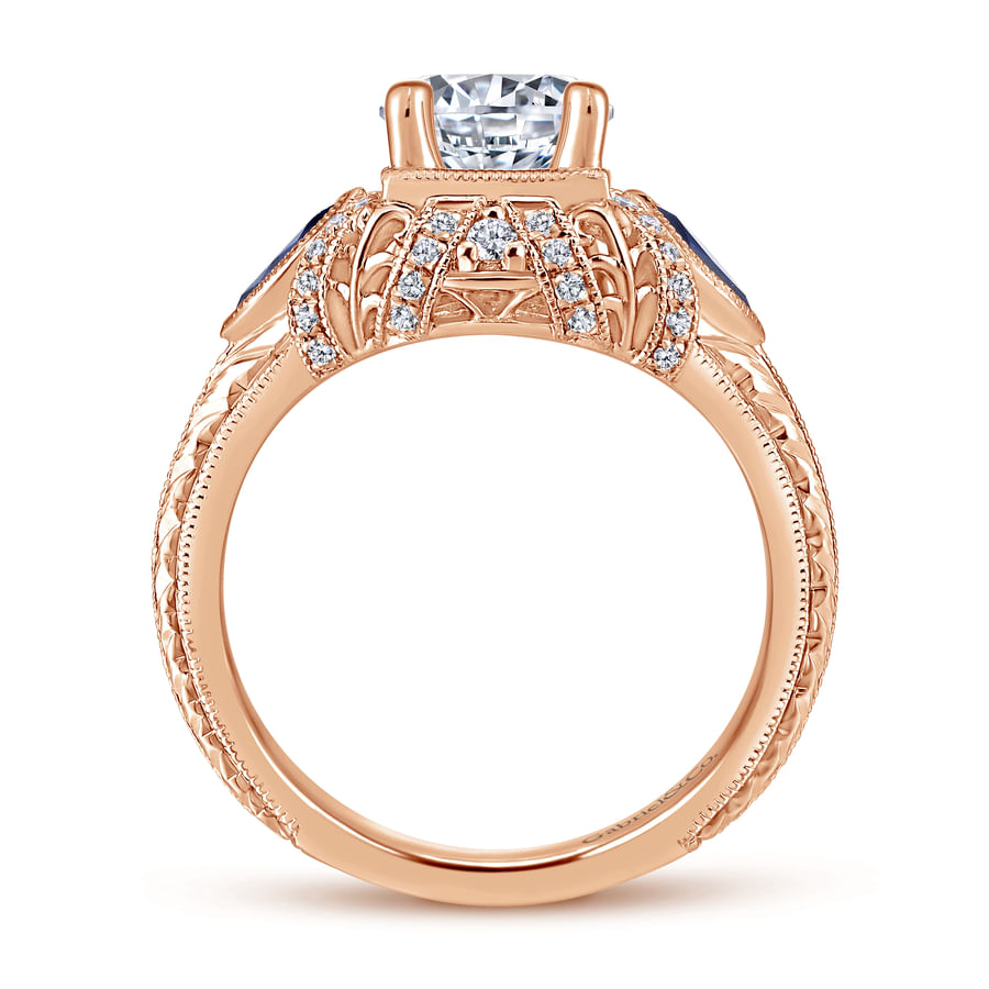 Gabriel & Co. Rose Gold "Lexington" Diamond & Blue Sapphire Halo Engagement Ring