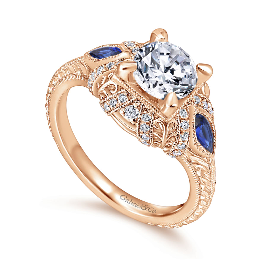 Gabriel & Co. Rose Gold "Lexington" Diamond & Blue Sapphire Halo Engagement Ring