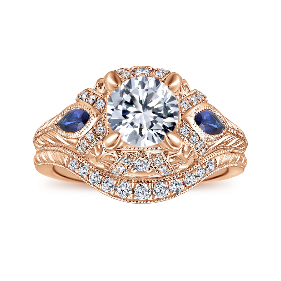 Gabriel & Co. Rose Gold "Lexington" Diamond & Blue Sapphire Halo Engagement Ring Wedding Set 
