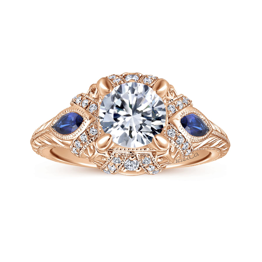 Gabriel & Co. Rose Gold "Lexington" Diamond & Blue Sapphire Halo Engagement Ring