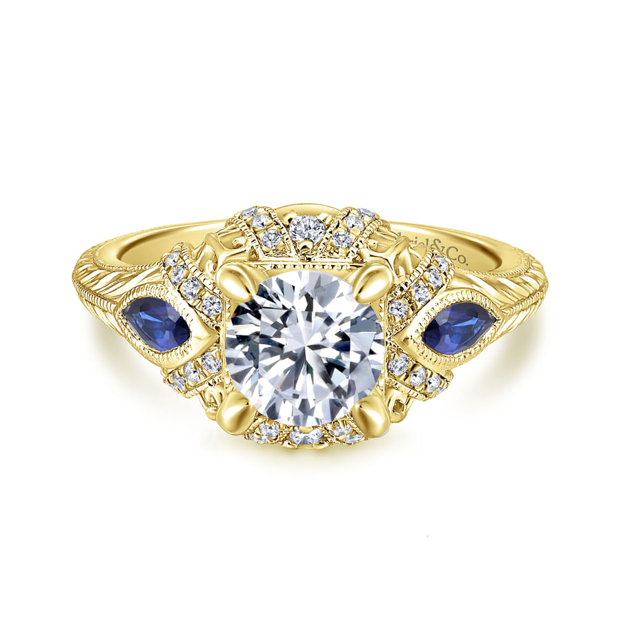 Gabriel & Co. Yellow Gold "Lexington" Diamond & Blue Sapphire Halo Engagement Ring