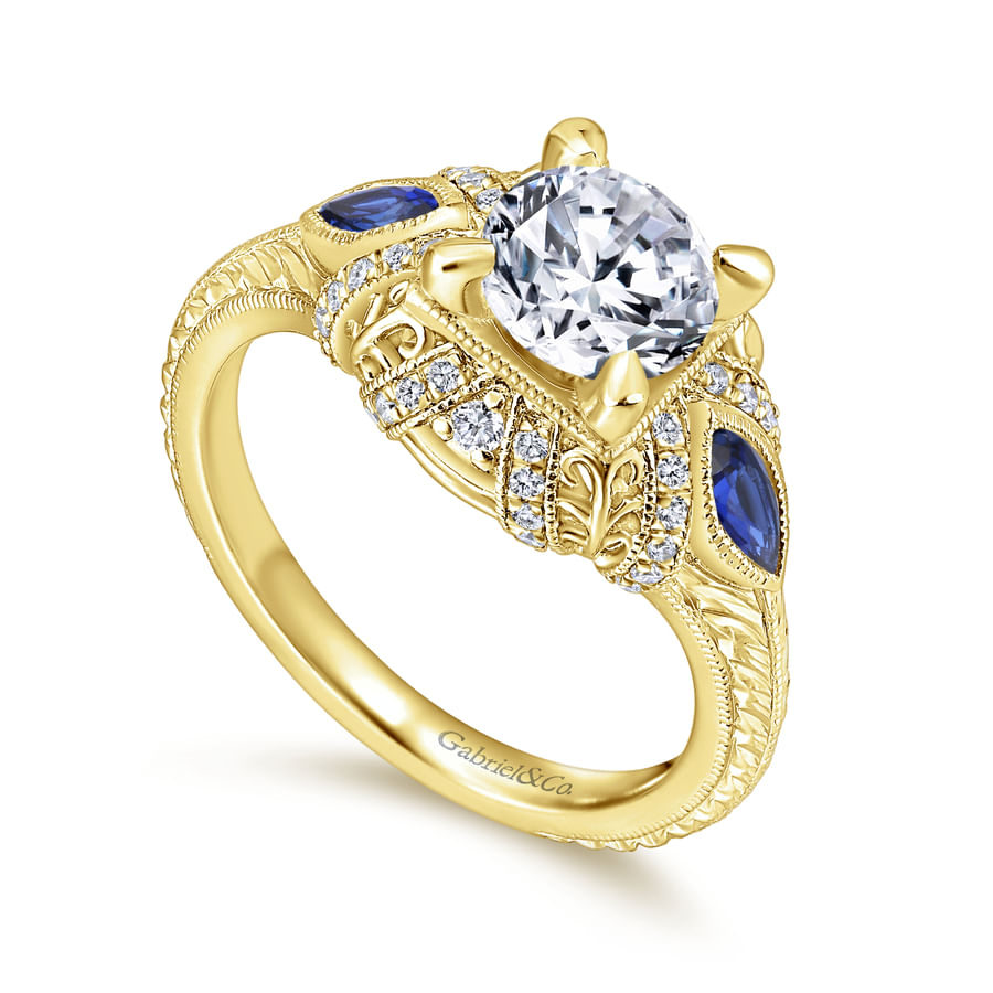 Gabriel & Co. Yellow Gold "Lexington" Diamond & Blue Sapphire Halo Engagement Ring
