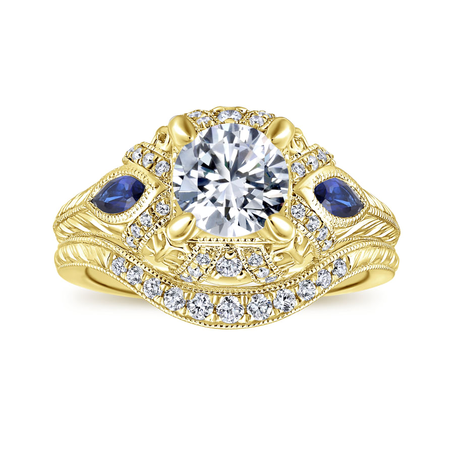Gabriel & Co. Yellow Gold "Lexington" Diamond & Blue Sapphire Halo Engagement Ring Wedding Set 