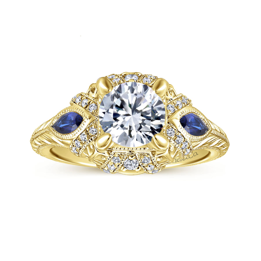 Gabriel & Co. Yellow Gold "Lexington" Diamond & Blue Sapphire Halo Engagement Ring
