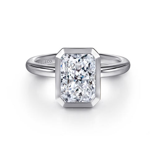 Gabriel & Co. Linny bezel-set radiant cut solitaire engagement ring in 14K white gold at Ben Garelick Jewelers Top