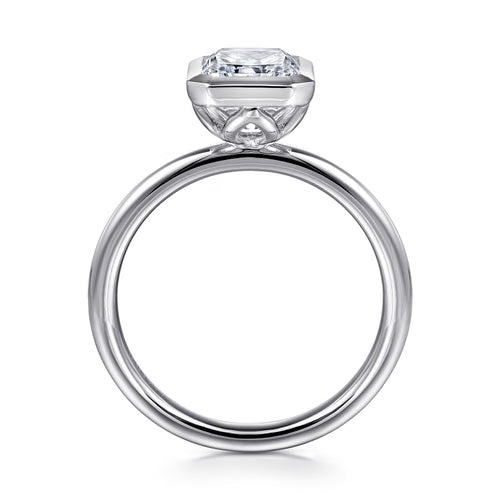 Gabriel & Co. Linny bezel-set radiant cut solitaire engagement ring in 14K white gold at Ben Garelick Jewelers Front
