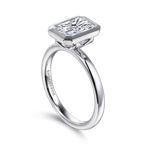 Gabriel & Co. Linny bezel-set radiant cut solitaire engagement ring in 14K white gold at Ben Garelick Jewelers 3D