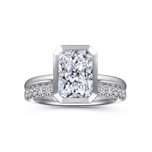 Gabriel & Co. Linny bezel-set radiant cut solitaire engagement ring in 14K white gold at Ben Garelick Jewelers Ring Set