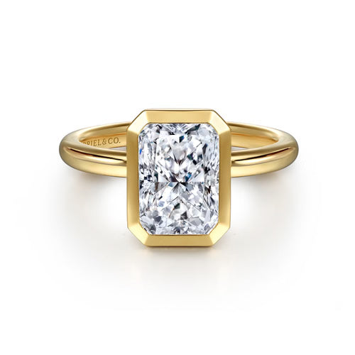 Gabriel & Co. Linny bezel-set radiant cut solitaire engagement ring in 14K yellow gold at Ben Garelick Jewelers Top