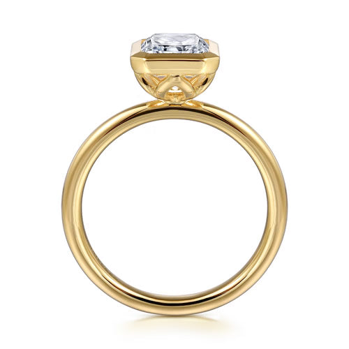Gabriel & Co. Linny bezel-set radiant cut solitaire engagement ring in 14K yellow gold at Ben Garelick Jewelers Front