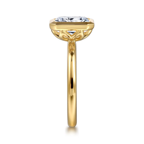 Gabriel & Co. Linny bezel-set radiant cut solitaire engagement ring in 14K yellow gold at Ben Garelick Jewelers Right