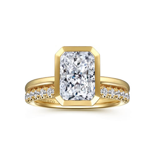 Gabriel & Co. Linny bezel-set radiant cut solitaire engagement ring in 14K yellow gold at Ben Garelick Jewelers Ring Set