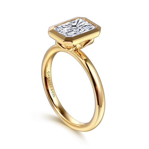 Gabriel & Co. Linny bezel-set radiant cut solitaire engagement ring in 14K yellow gold at Ben Garelick Jewelers 3D