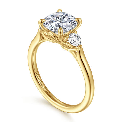 Gabriel & Co. Madison round three stone Lotus engagement ring in 14K yellow gold in 14K yellow gold with 0.30 ct side diamonds at Ben Garelick Jewelers 3D