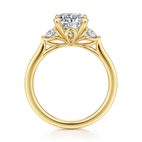 Gabriel & Co. Madison round three stone Lotus engagement ring in 14K yellow gold in 14K yellow gold with 0.30 ct side diamonds at Ben Garelick Jewelers Front
