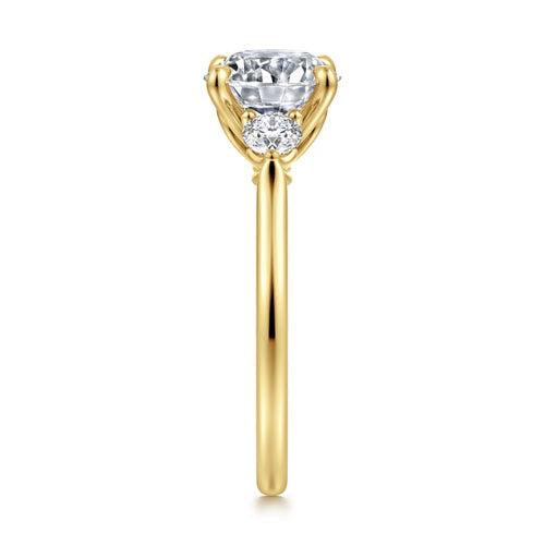 Gabriel & Co. Madison round three stone Lotus engagement ring in 14K yellow gold in 14K yellow gold with 0.30 ct side diamonds at Ben Garelick Jewelers Right