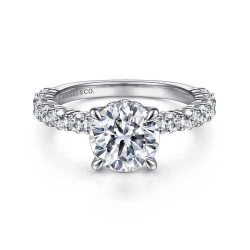 Gabriel & Co. Brosnan hidden halo engagement ring in 14K white gold with 1.03 ct shared-prong diamond band ER14893R8 at Ben Garelick Jewelers Top