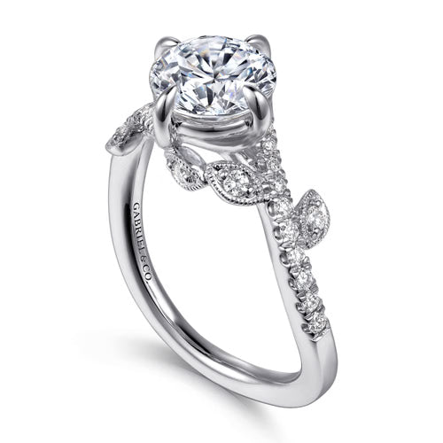 Gabriel & Co. Darcie Floral Nouveau leaf bypass engagement ring in 14K white gold with 0.25 ct of diamonds at Ben Garelick Jewelers 3D