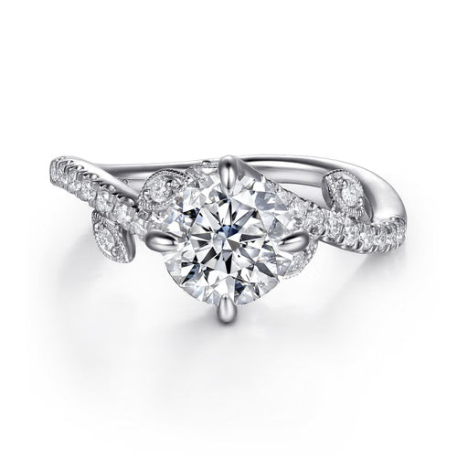Gabriel & Co. Darcie White Gold Floral Nouveau leaf bypass engagement ring in 14K white gold with 0.25 ct of diamonds at Ben Garelick Jewelers 