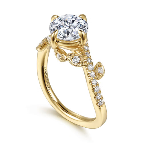 Gabriel & Co. Darcie Floral Nouveau leaf bypass engagement ring in 14K yellow gold with 0.25 ct of diamonds at Ben Garelick Jewelers 3D