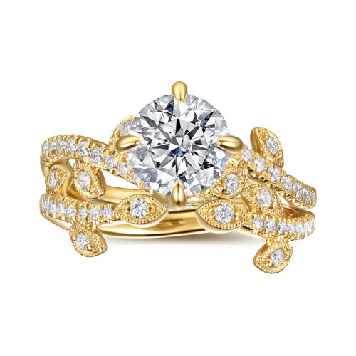 Gabriel & Co. Darcie Floral Nouveau leaf bypass engagement ring in 14K yellow gold with 0.25 ct of diamonds at Ben Garelick Jewelers Ring Set