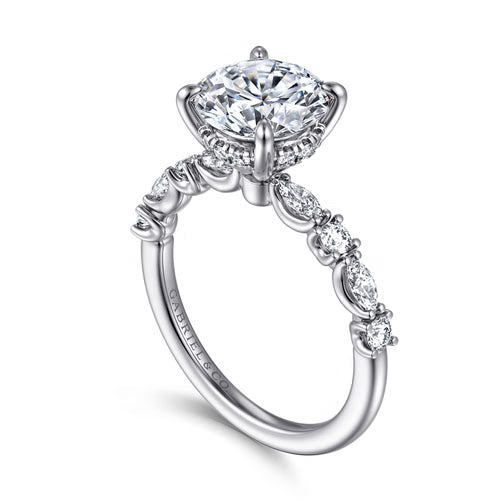 Gabriel & Co. Juliet 14K white gold engagement ring with marquise and round diamond band and hidden halo, 0.50 ctw, at Ben Garelick Jewelers 3D