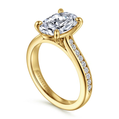 Gabriel & Co. Olya 14K yellow gold oval cathedral engagement ring with 0.25 ct channel-set diamonds at Ben Garelick Jewelers 3D
