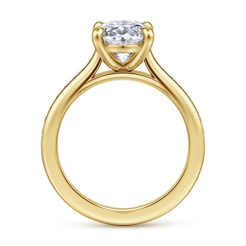 Gabriel & Co. Olya 14K yellow gold oval cathedral engagement ring with 0.25 ct channel-set diamonds at Ben Garelick Jewelers Front
