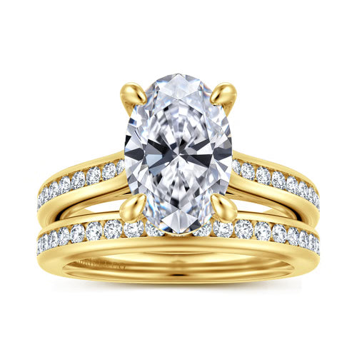 Gabriel & Co. Olya 14K yellow gold oval cathedral engagement ring with 0.25 ct channel-set diamonds at Ben Garelick Jewelers Ring Set