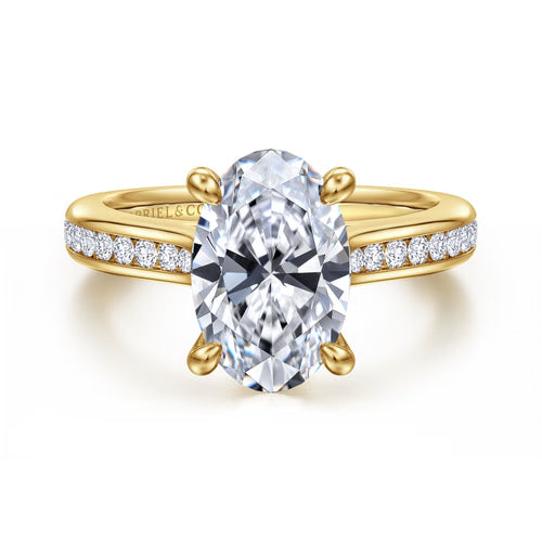Gabriel & Co. Olya 14K yellow gold oval cathedral engagement ring with 0.25 ct channel-set diamonds at Ben Garelick Jewelers Top
