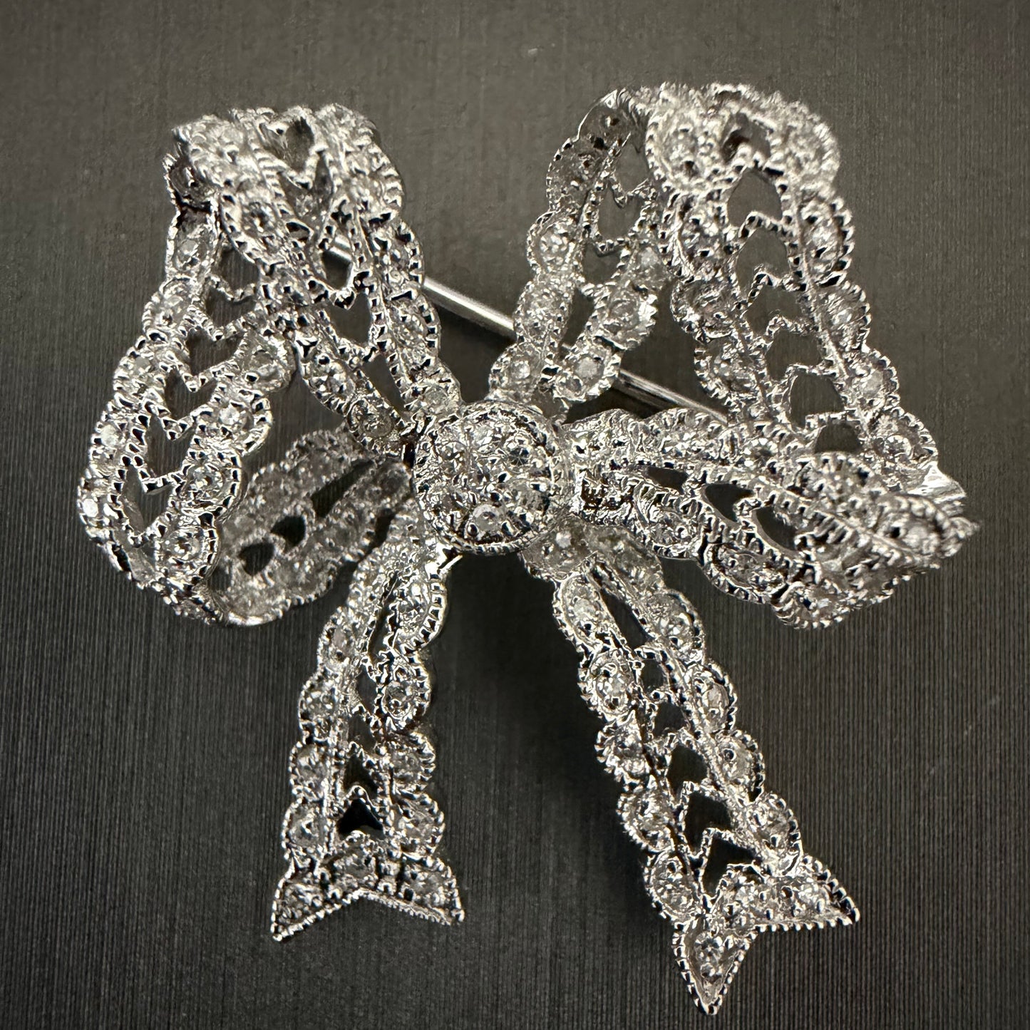 Ben Garelick Estate 14K White Gold Round Cut Pave Set Diamond Bow Brooch