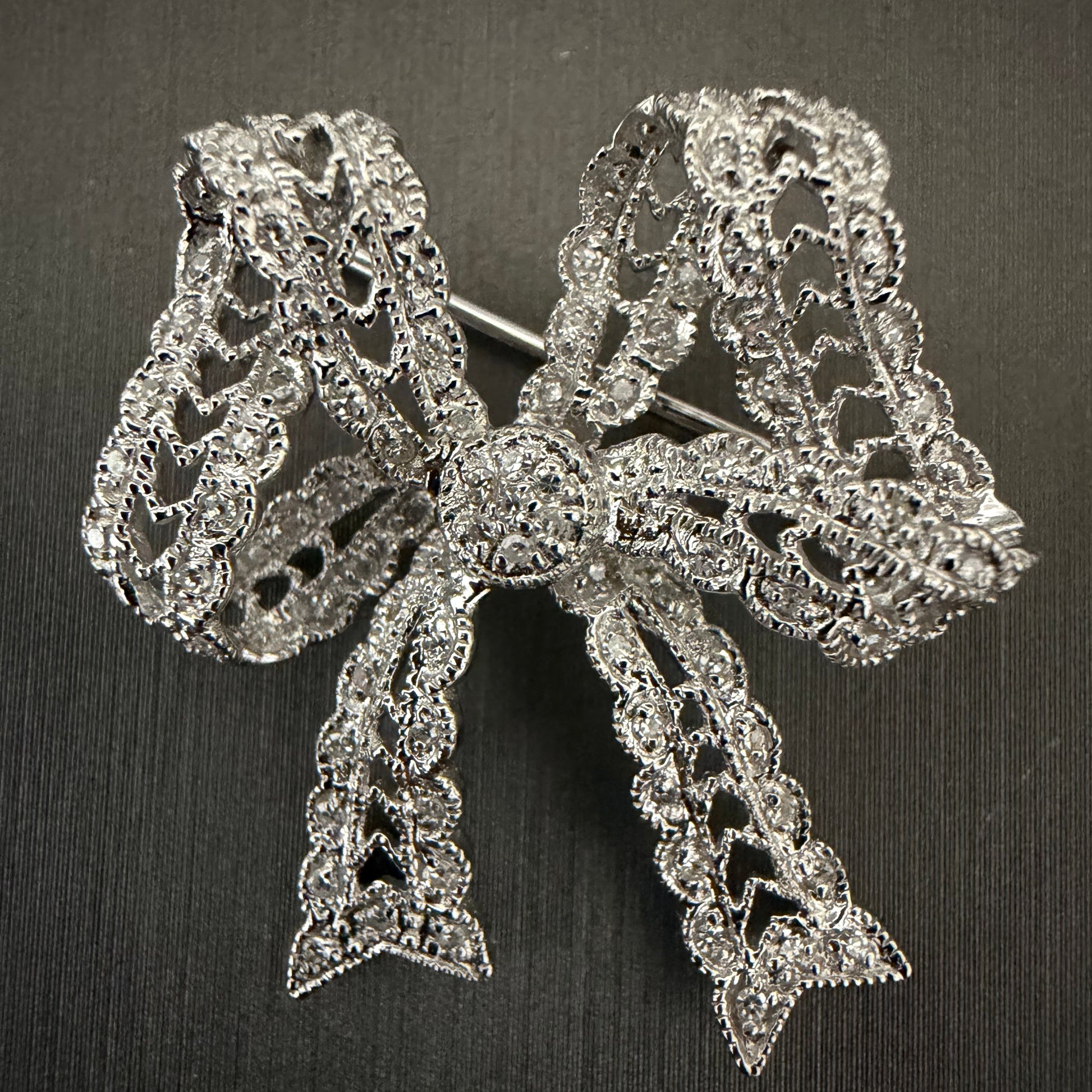 Ben Garelick Estate 14K White Gold Round Cut Pave Set Diamond Bow Brooch