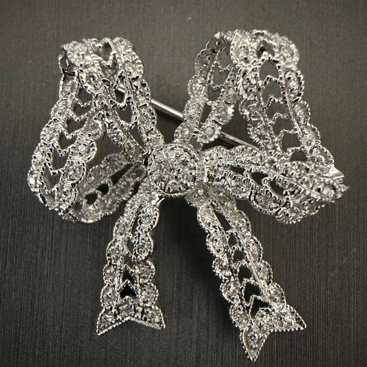 Ben Garelick Estate 14K White Gold Round Cut Pave Set Diamond Bow Brooch