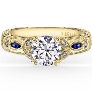 Kirk Kara Yellow Gold Dahlia Marquise Shaped Blue Sapphire Diamond Engagement Ring Front View