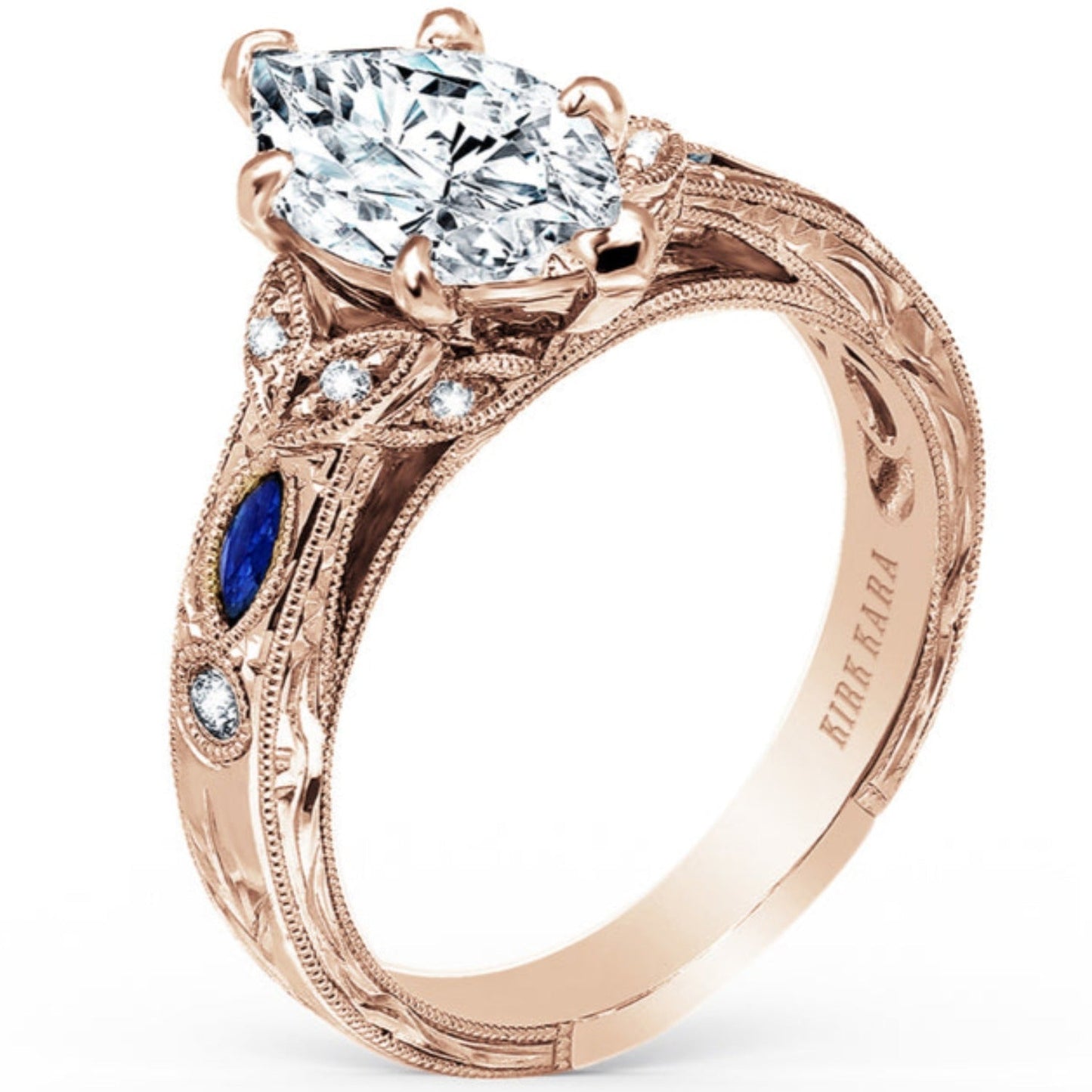 Kirk Kara "Dahlia" Marquise Cut Blue Sapphire Engagement Ring