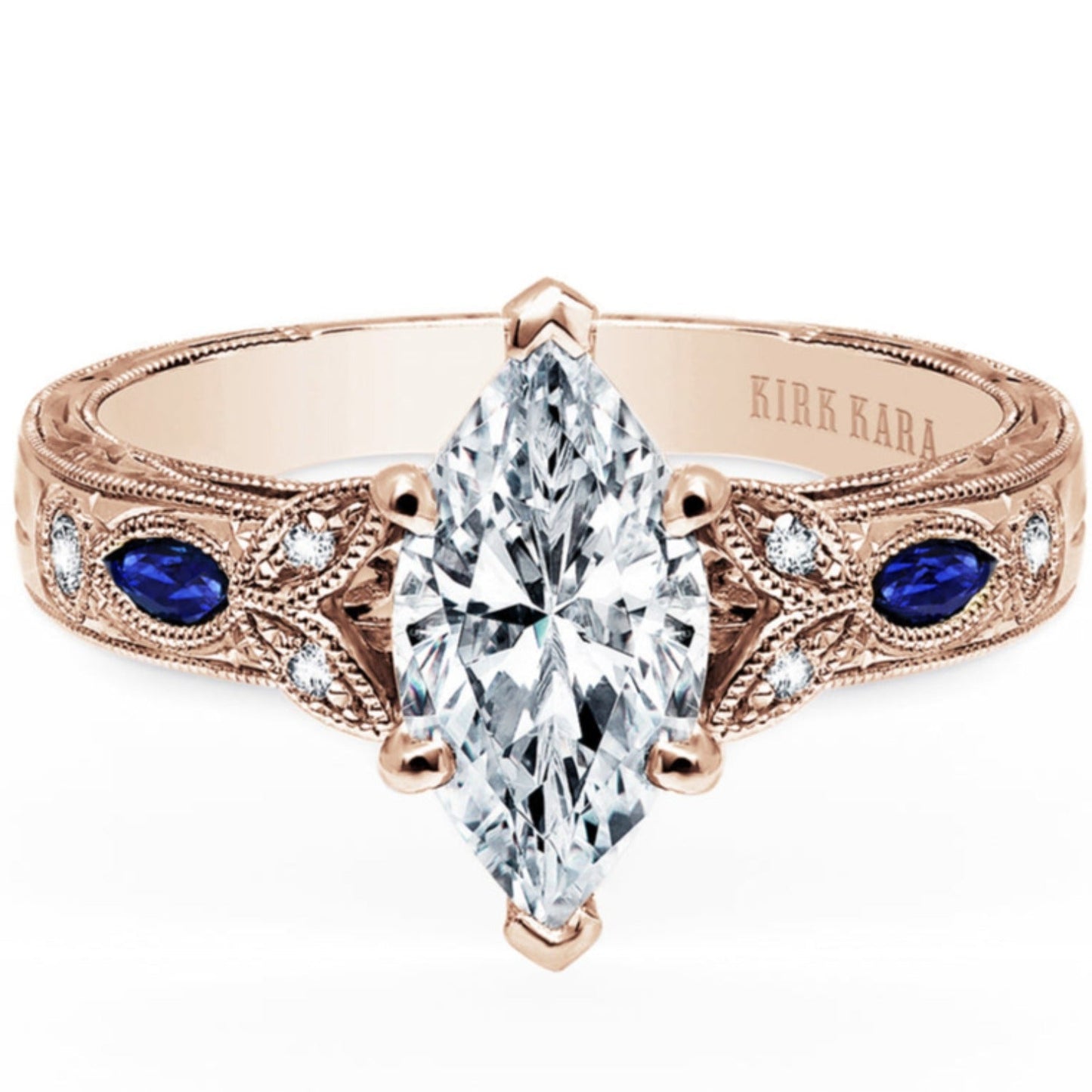 Kirk Kara "Dahlia" Marquise Cut Blue Sapphire Engagement Ring