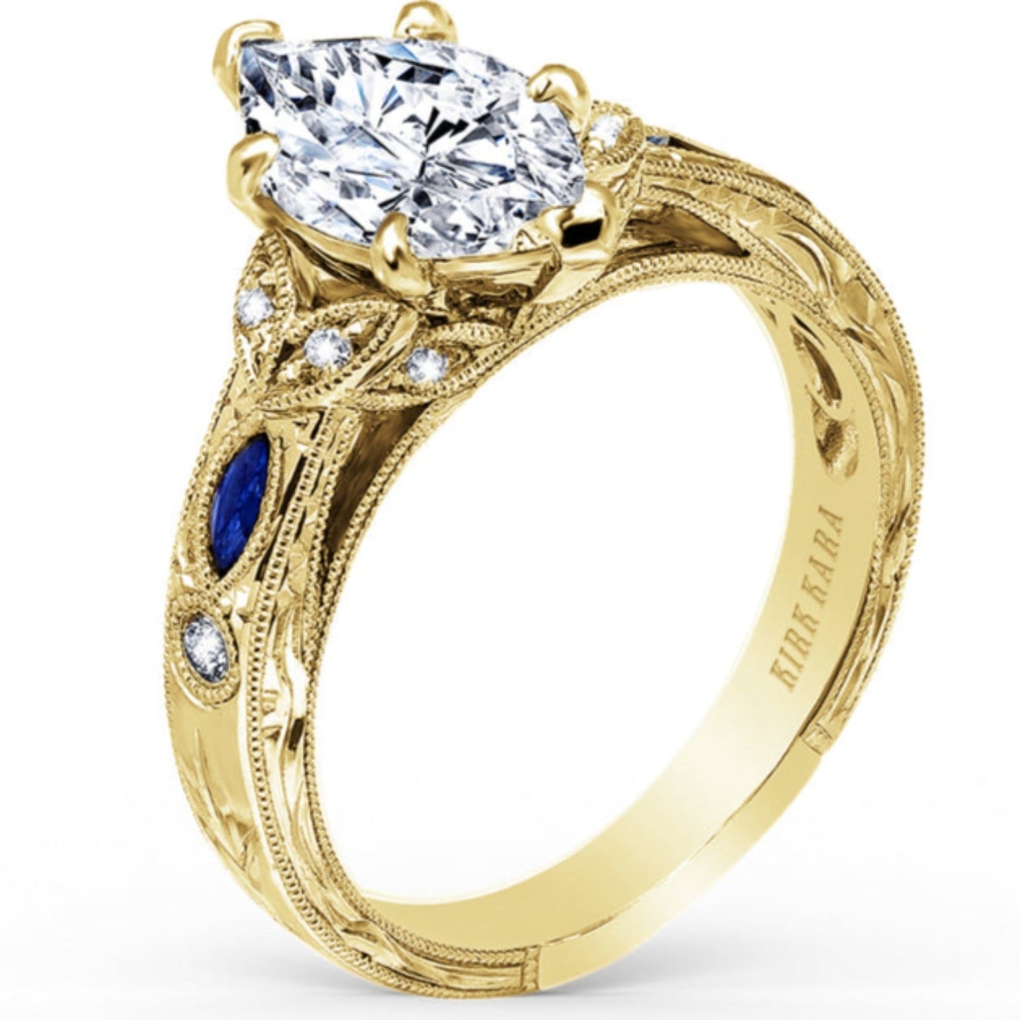 Kirk Kara "Dahlia" Marquise Cut Blue Sapphire Engagement Ring