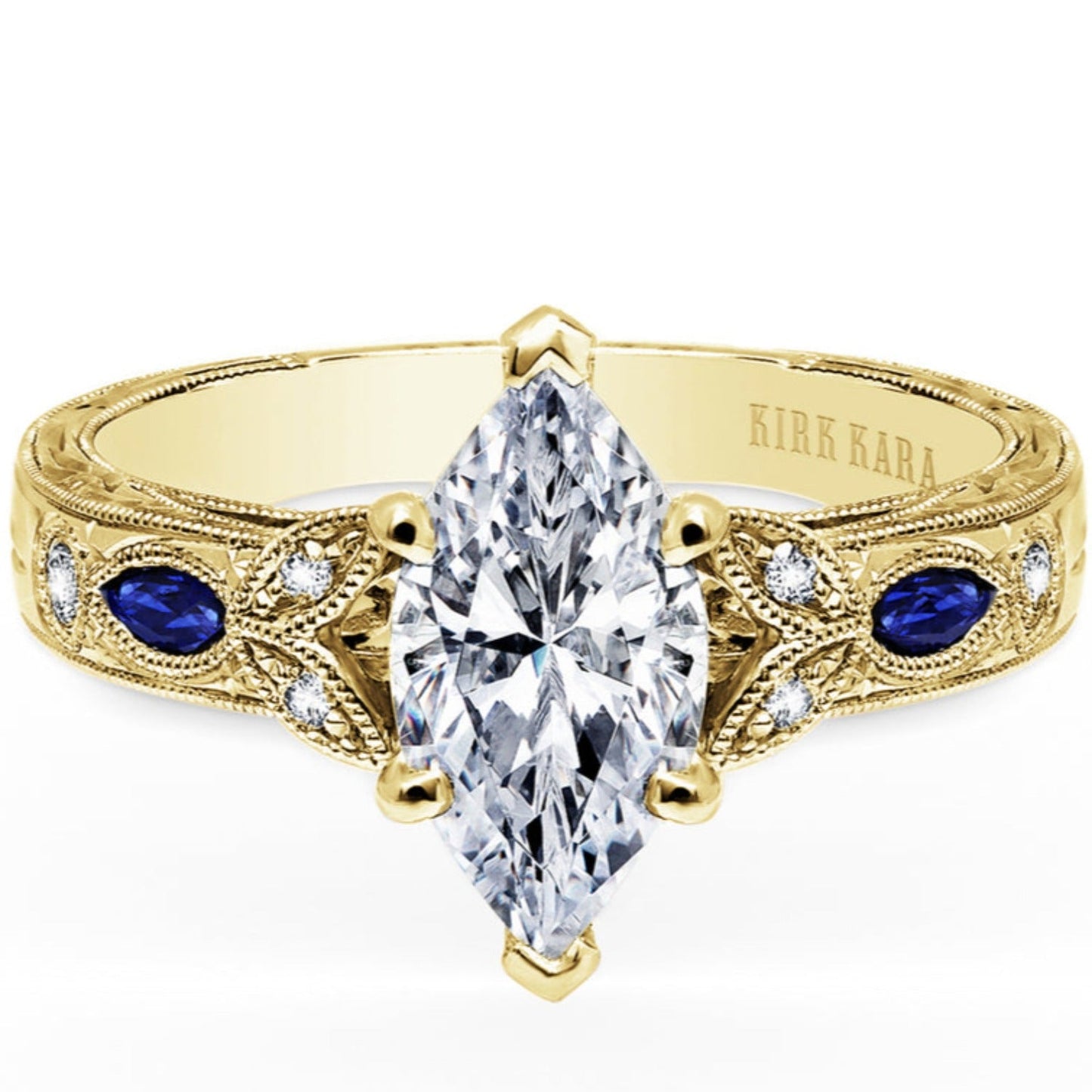 Kirk Kara "Dahlia" Marquise Cut Blue Sapphire Engagement Ring