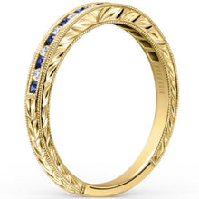 Load image into Gallery viewer, Kirk Kara Yellow Gold &quot;Stella&quot; Blue Sapphire Diamond Wedding Band Angled Side View

