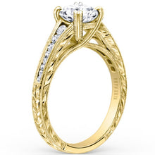 Load image into Gallery viewer, Kirk Kara Yellow Gold &quot;Stella&quot; Graduating Diamond Engagement Ring Angled Side View
