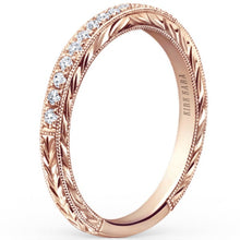Load image into Gallery viewer, Kirk Kara Rose Gold Carmella Hand Engraved Diamond Wedding Band Angled Side View
