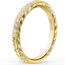 Load image into Gallery viewer, Kirk Kara Yellow Gold Carmella Hand Engraved Diamond Wedding Band Angled Side View
