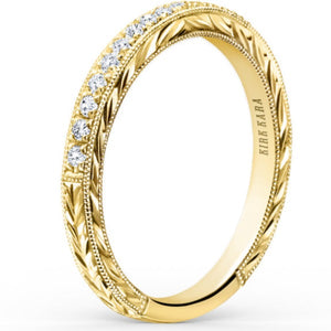 Kirk Kara Yellow Gold Carmella Hand Engraved Diamond Wedding Band Angled Side View