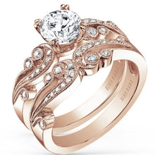 Load image into Gallery viewer, Kirk Kara Rose Gold &quot;Angelique&quot; Vintage Diamond Engagement Ring Set Angled Side View
