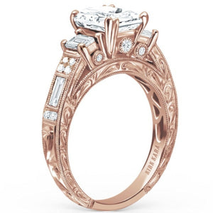 Kirk Kara Rose Gold "Charlotte" Emerald Cut Three Stone Diamond Engagement Ring Angled Side View