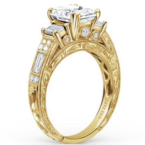 Kirk Kara Yellow Gold "Charlotte" Emerald Cut Three Stone Diamond Engagement Ring Angled Side View