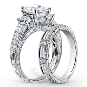 Kirk Kara White Gold "Charlotte" Emerald Cut Three Stone Diamond Engagement Ring Set Angled Side View